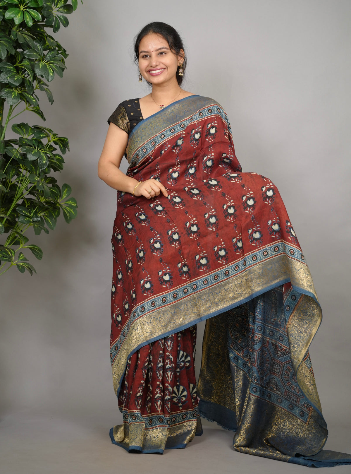 Ajrakh Dola Silk Saree - Brick Red | Looms & Tassels