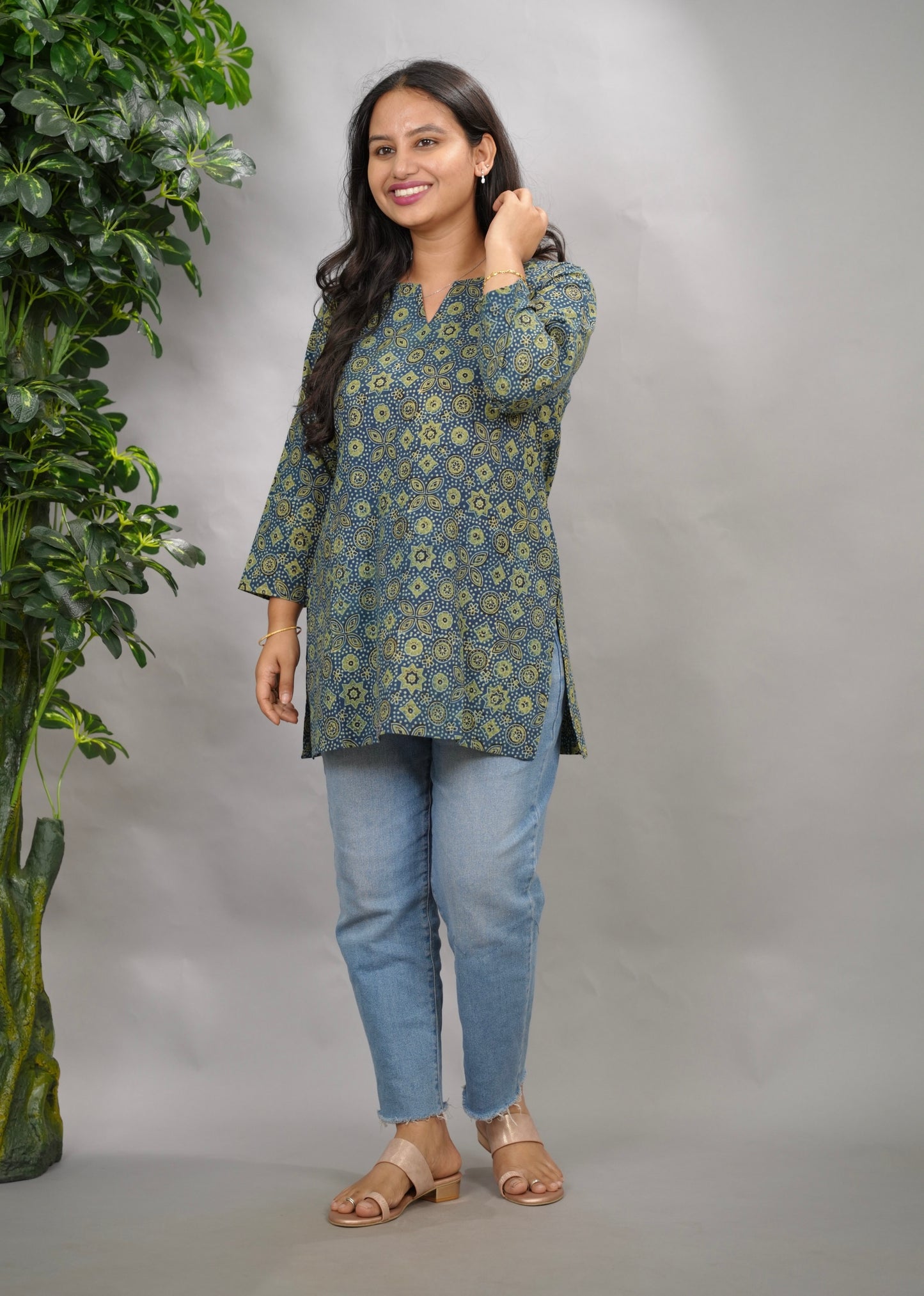Indigo Ajrakh Hand Block Printed Short Top
