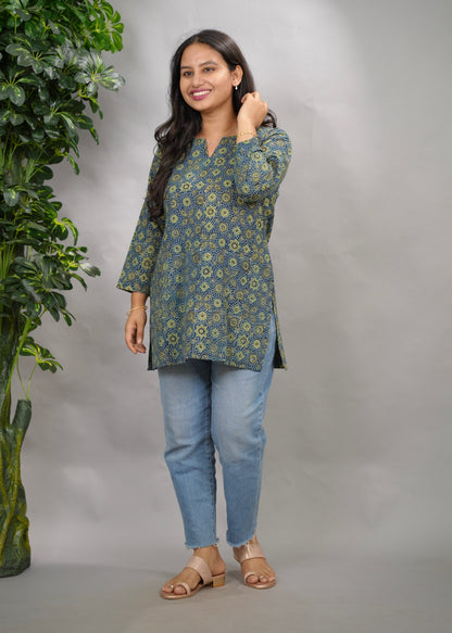 Indigo Ajrakh Hand Block Printed Short Top