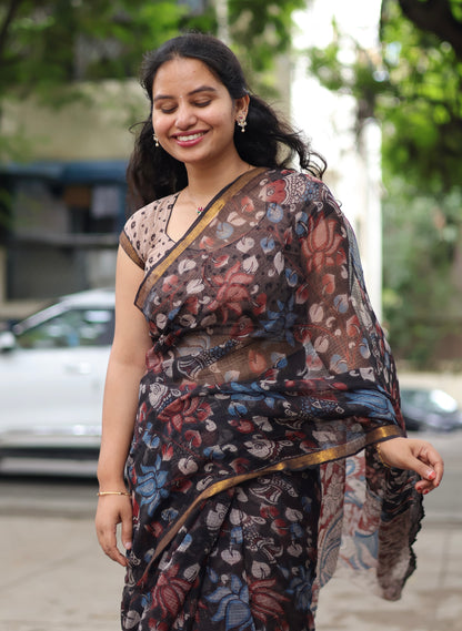 Black Kalamkari printed Kota Doriya Saree