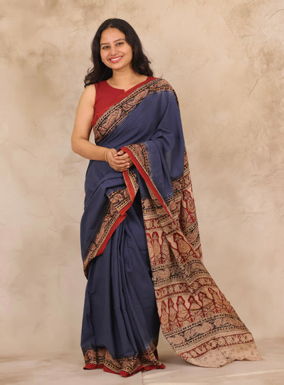 Blue Hand Block Printed Kalamkari Cotton Saree | Looms & Tassels