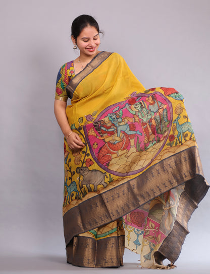 Yellow Hand Painted Pen Kalamkari Silk Saree