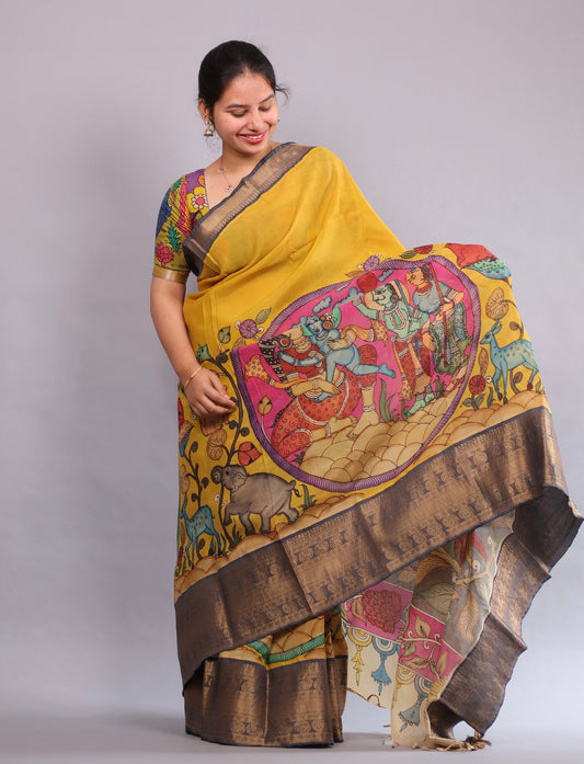 Yellow Hand Painted Pen Kalamkari Silk Saree