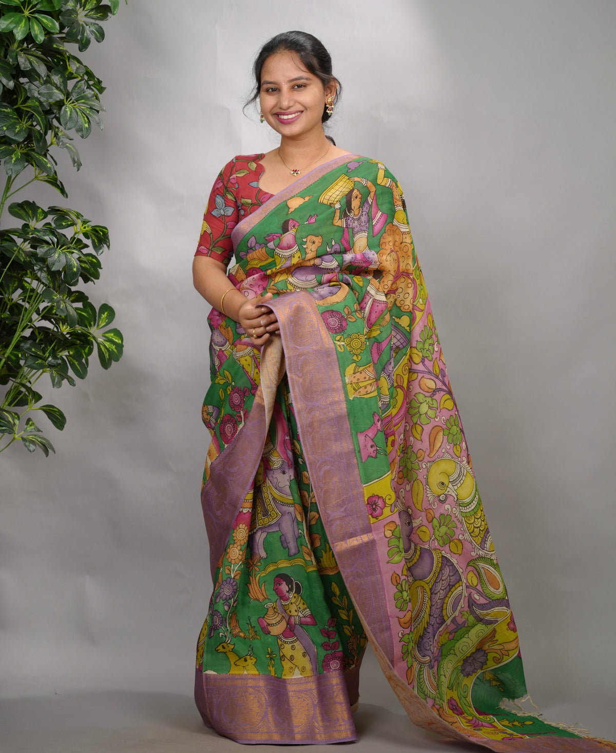 Green Hand Drawn Pen Kalamkari Bangalore Silk Kanchi Border Saree | Looms & Tassels
