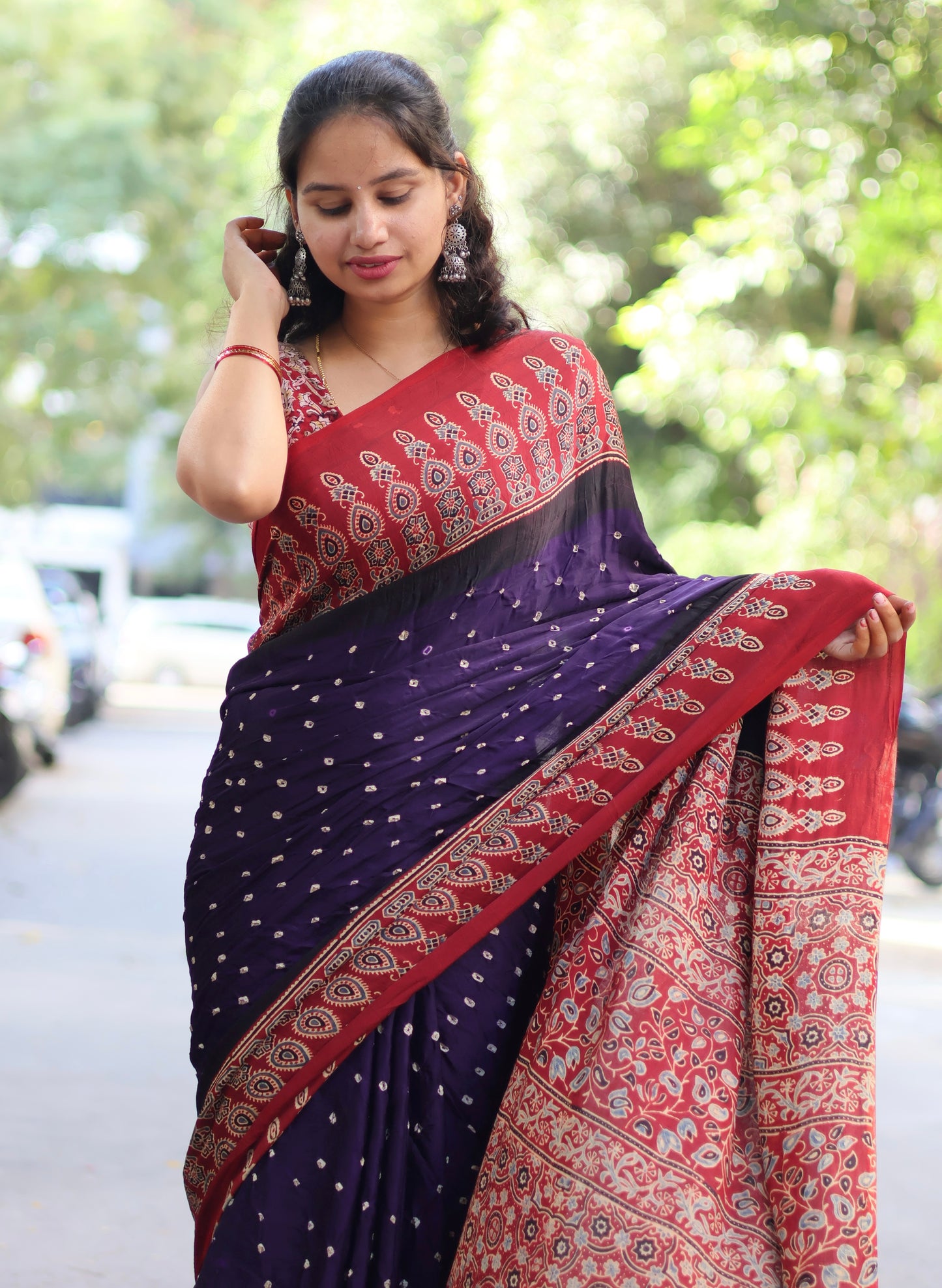 Purple Ajrakh Bandhej Modal Silk Saree