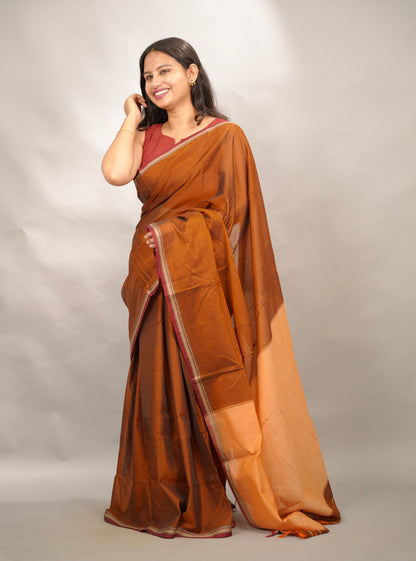 Rust Orange Narayanpet Cotton Saree | Looms & Tassels