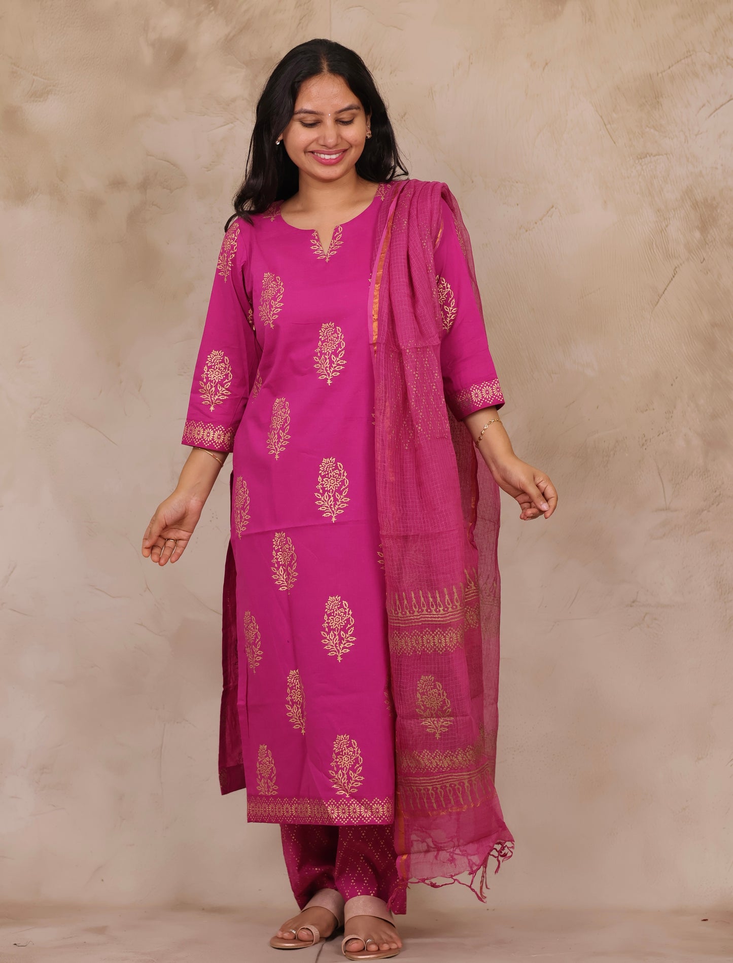 Magenta Handblock printed Pure Mul Cotton with Kota Doria Duppata 3 piece suit (stitched)