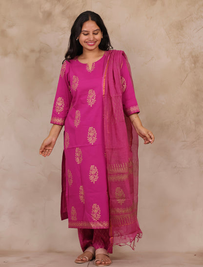 Magenta Handblock printed Pure Mul Cotton with Kota Doria Duppata 3 piece suit (stitched)