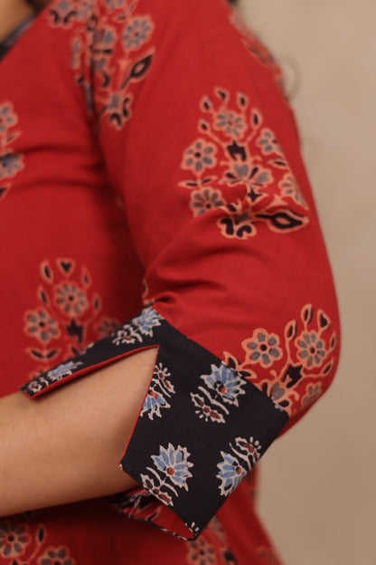 Red Pure Mul Cotton Ajrakh Patchwork Aline Kurta | Looms & Tassels