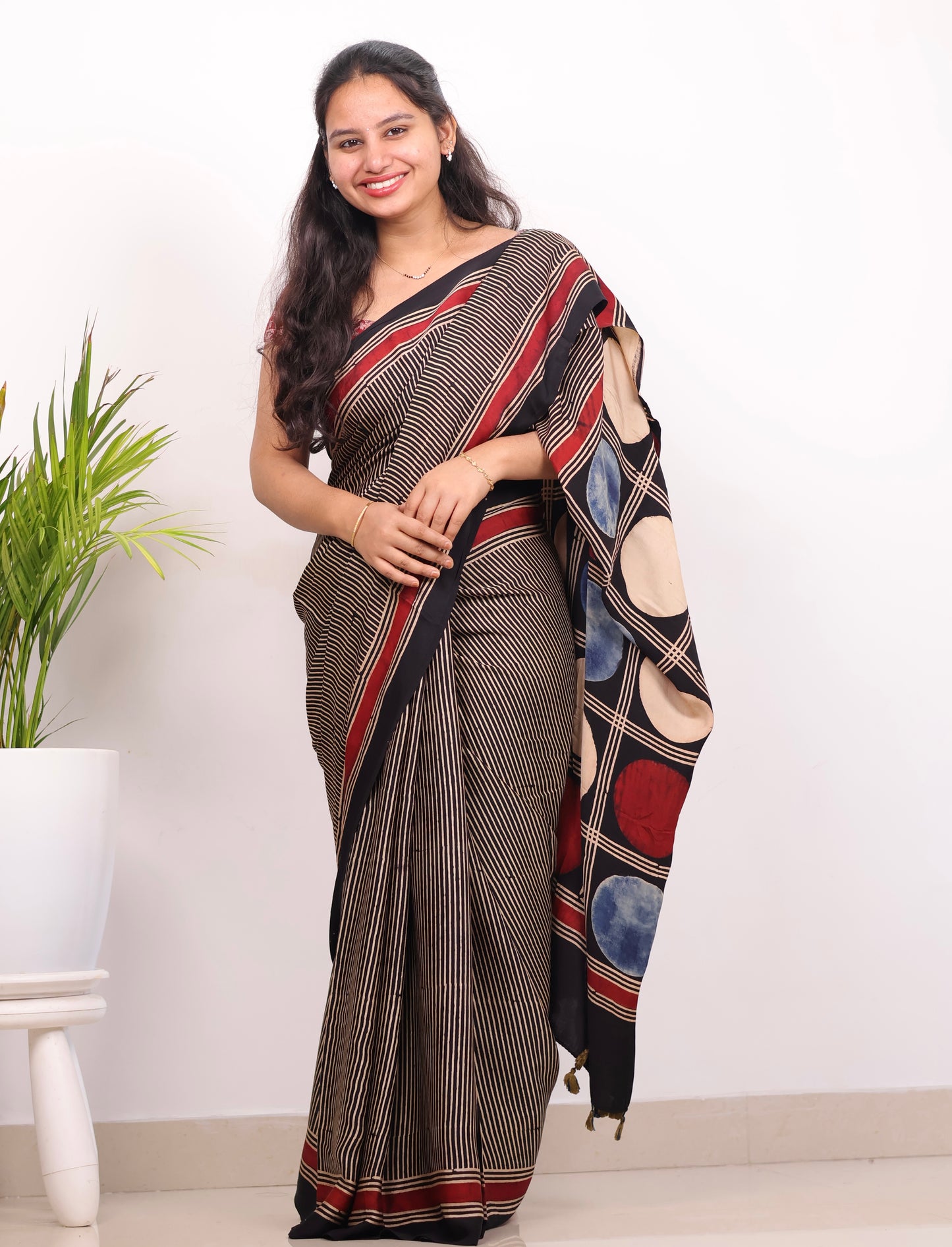 Black Stripes Contemporary Authentic Ajrakh Modal Silk Saree | Looms & Tassels