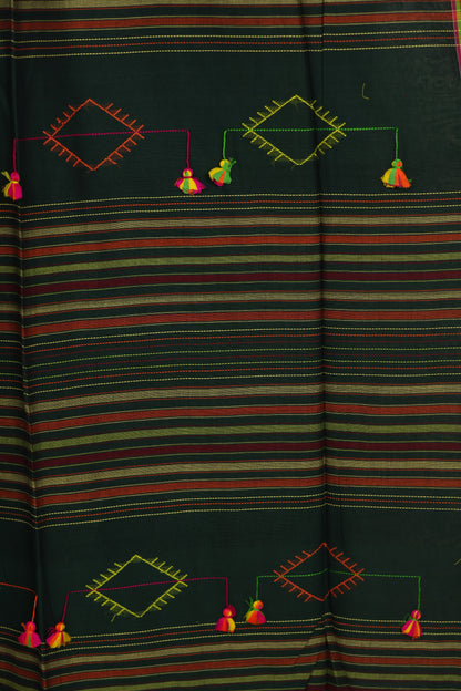 Bottle Green Bhujodi weaving Malai Cotton Saree | Looms & Tassels