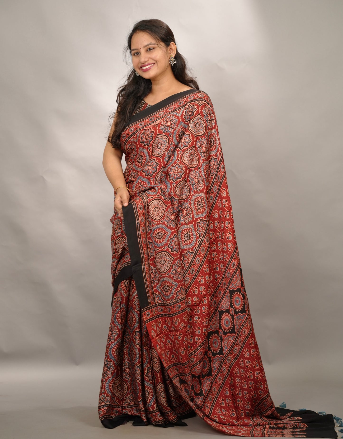 Maroon Badam Butta Authentic Ajrakh Handblock Printed Modal Silk Saree | Looms & Tassels