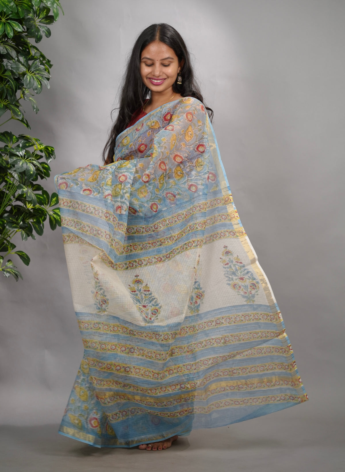 Powder Blue Pure Kota Doria Saree with Bagru Handblock Prints
