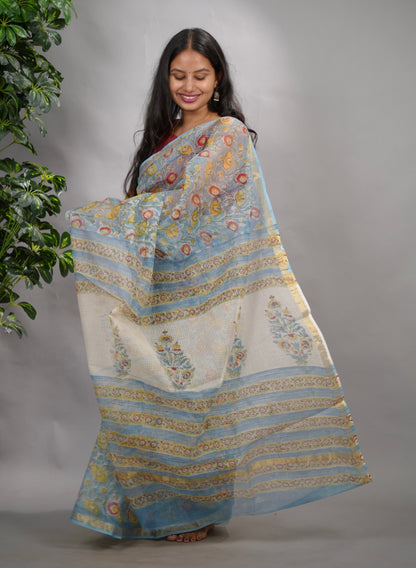 Powder Blue Pure Kota Doria Saree with Bagru Handblock Prints