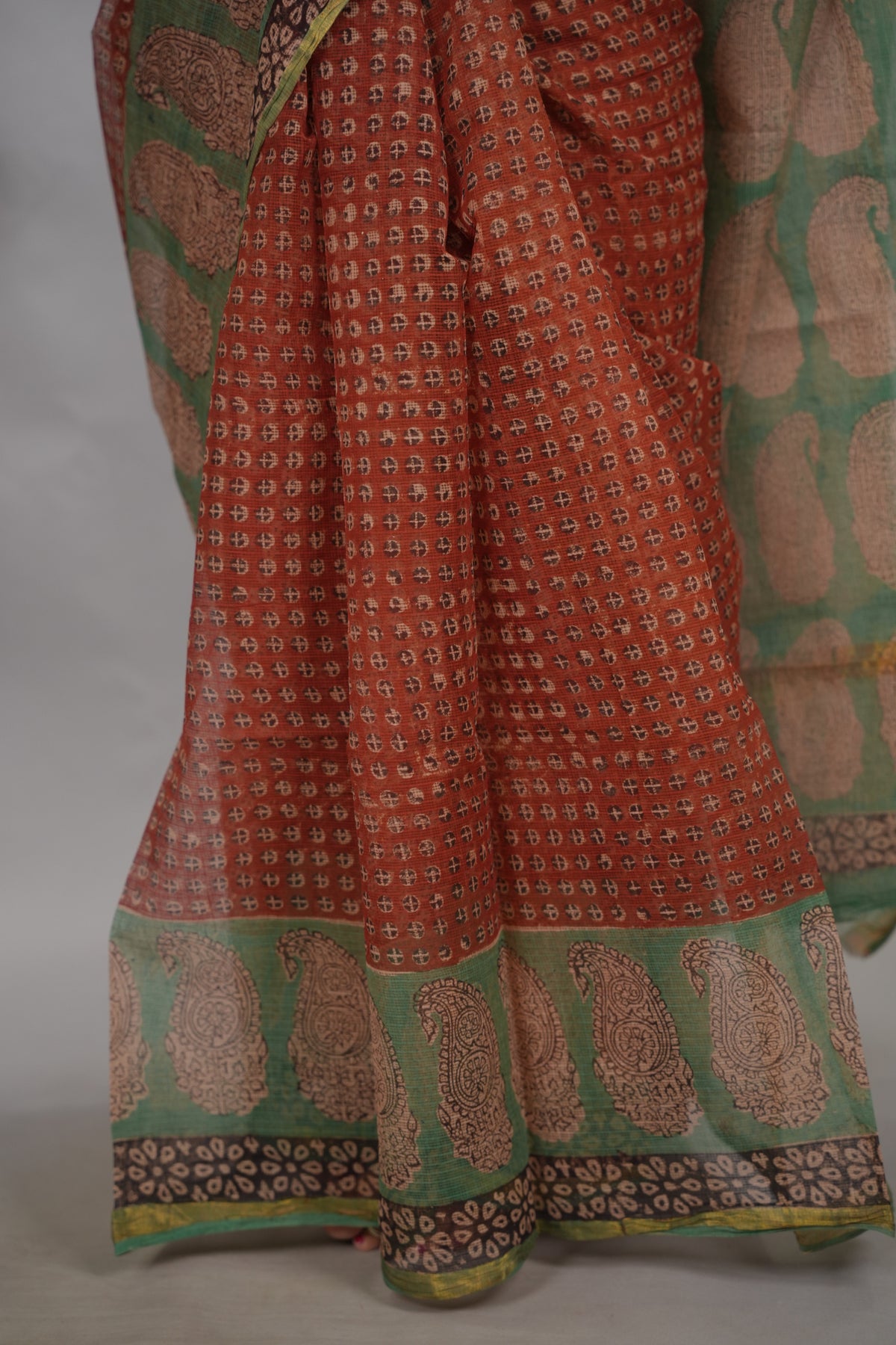 Maroon Pure Kota Doria Saree with Bagru Handblock Prints