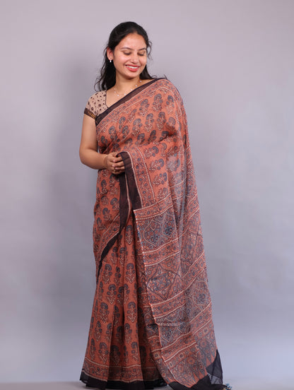 Rust Orange Ajrakh Hand Block Printed Kota Doria Saree | Looms & Tassels