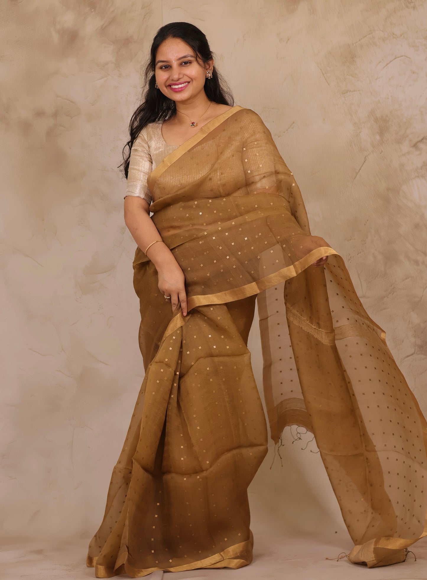 Mustard Brown Handwoven Muslin Silk Saree With Sequence Work | Looms & Tassels