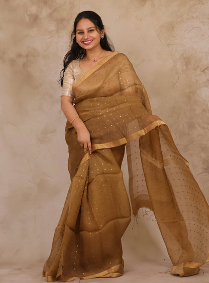 Mustard Brown Handwoven Muslin Silk Saree With Sequence Work | Looms & Tassels