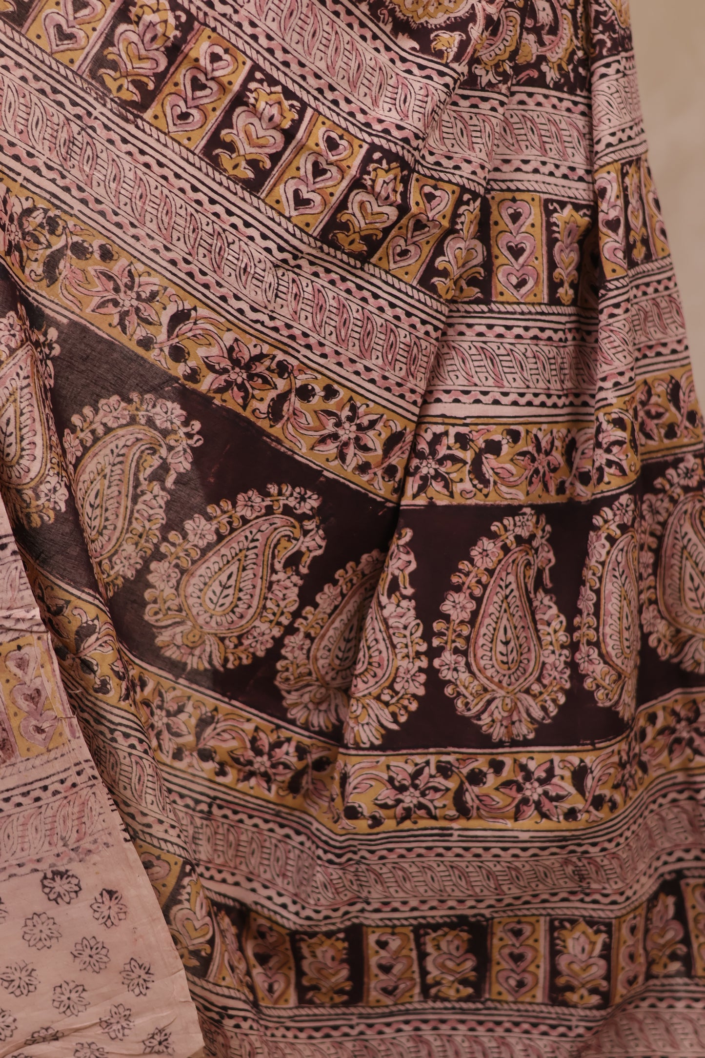 Maroon Hand Block Printed Kalamkari Cotton Saree | Looms & Tassels