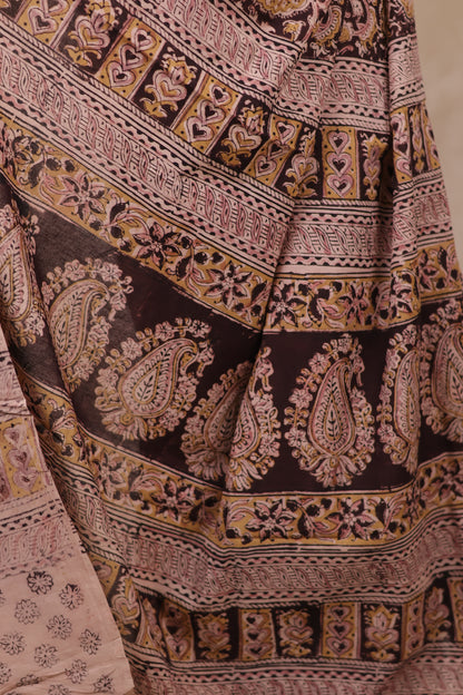 Maroon Hand Block Printed Kalamkari Cotton Saree | Looms & Tassels