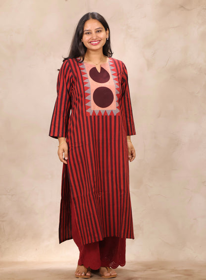 Red Contemporary Ajrakh Pattern Hand Block Cotton printed Kurti | Looms & Tassels