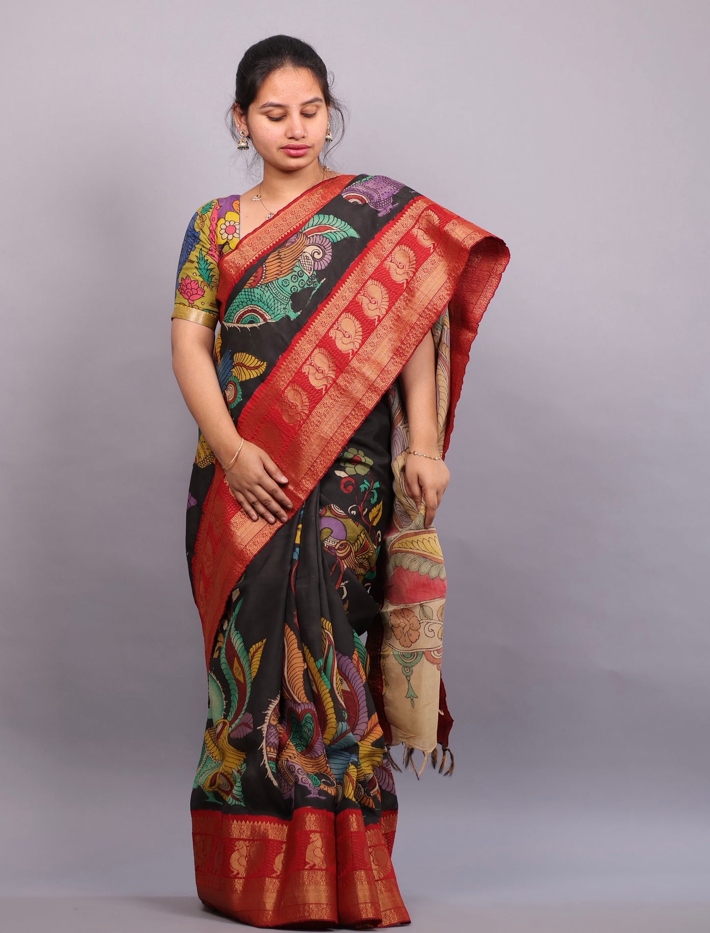 Black Hand Painted Pen Kalamkari Silk Saree