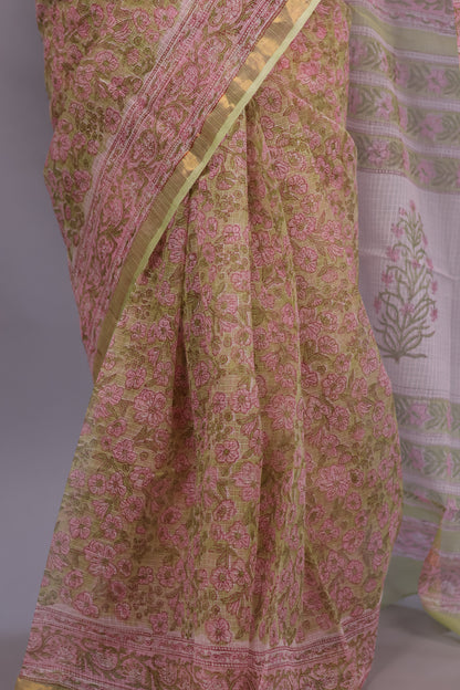 Pure Kota Doria Saree with Bagru Handblock Prints – Cream | Looms