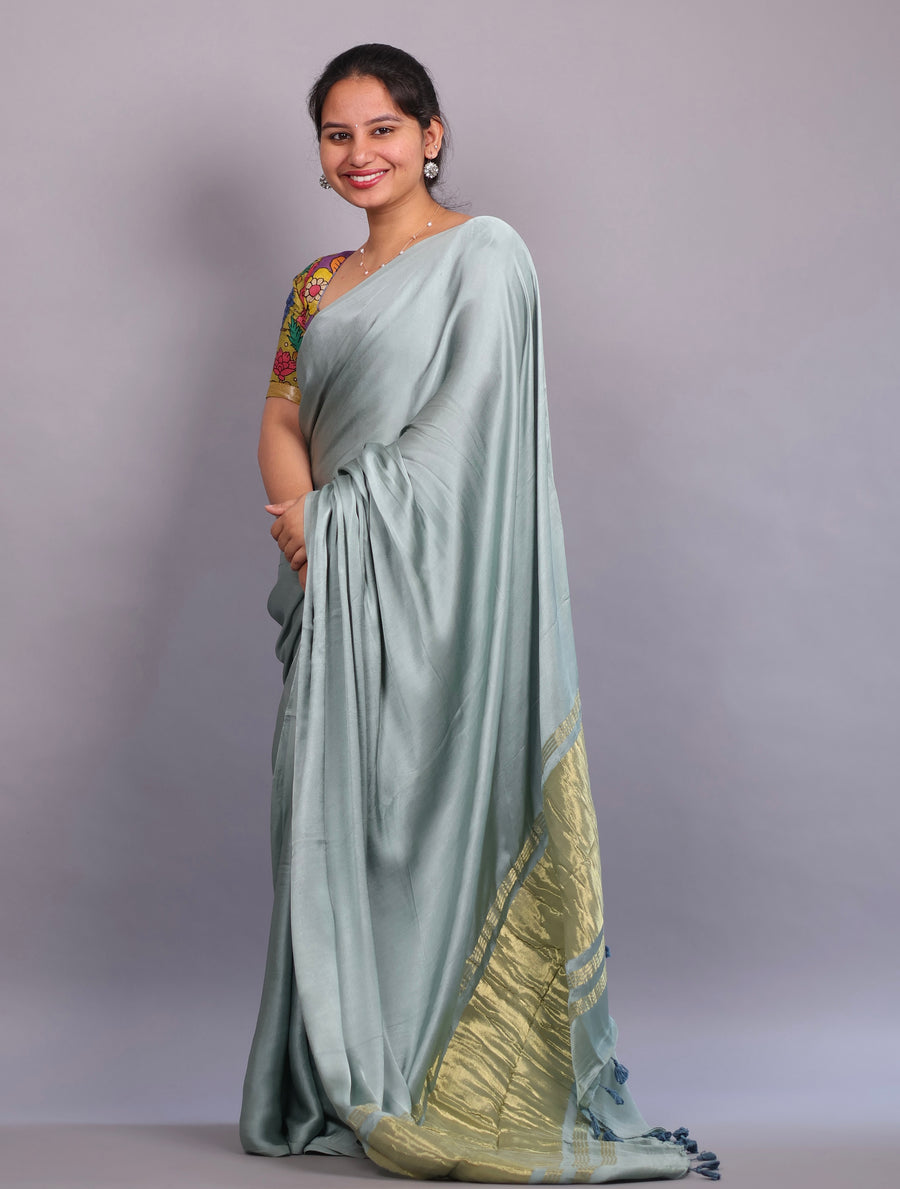 Sea Green Plain Modal Silk Saree with Lagdi Pallu | Looms & Tassels