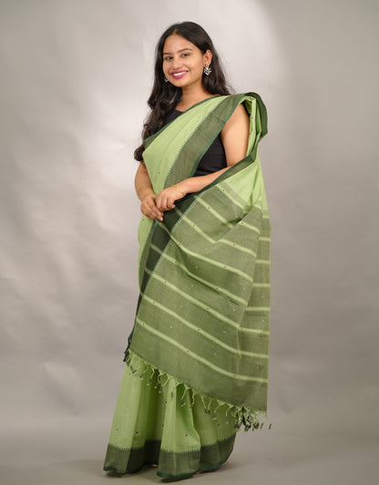 Pista Green Handloom Venkatagiri Cotton Saree Without Blouse | Looms & Tassels