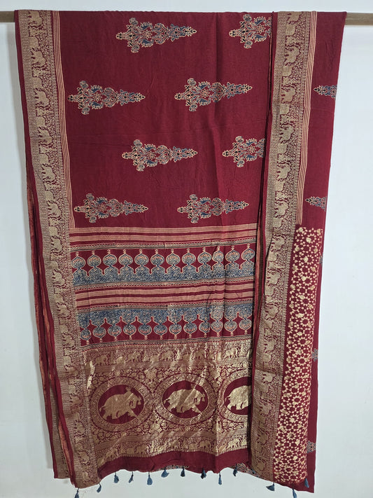 Maroon Ajrakh Dola Silk Saree
