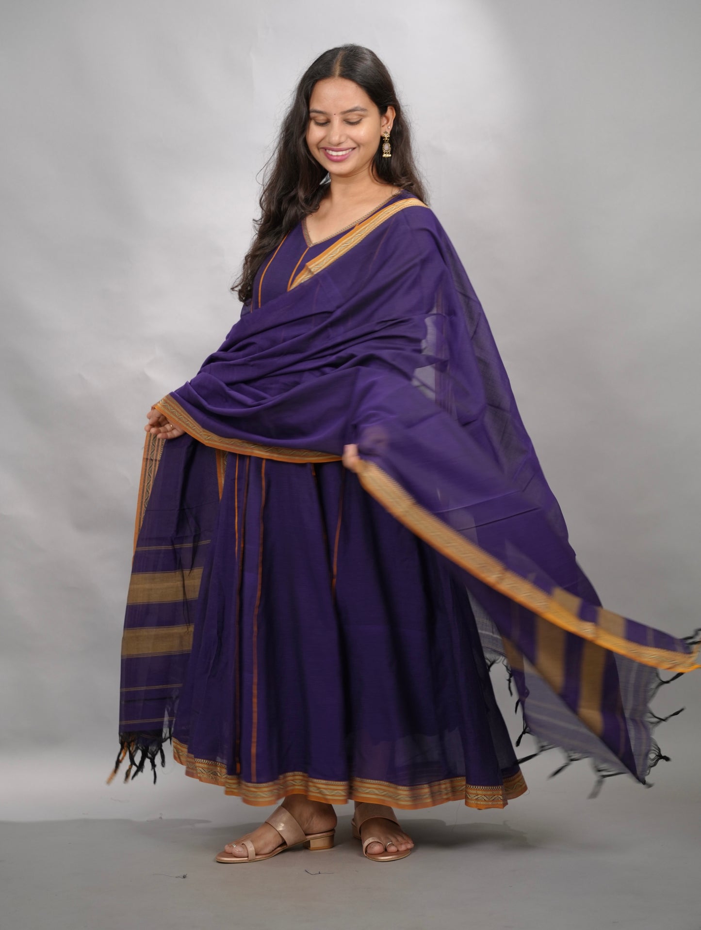 Violet Narayanpet Cotton Anarkali Dress with Narayanpet Dupatta | Looms & Tassels