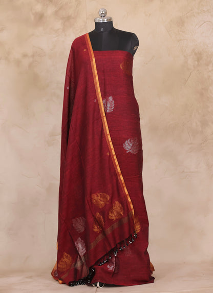 Rust Handwoven Jamdhani weaving pure Linen 2 piece suit sets | Looms & Tassels