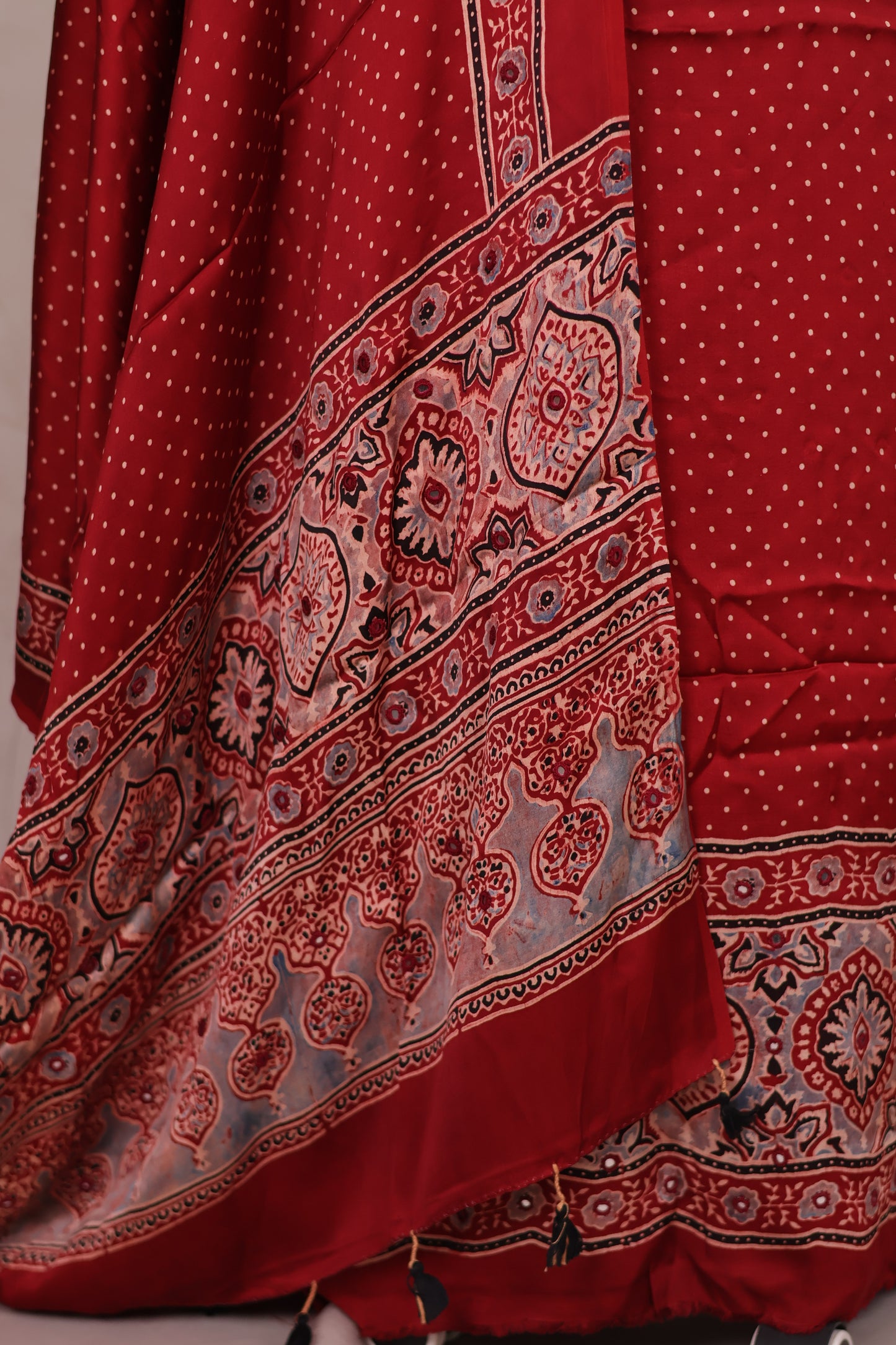 Mirror Work Maroon Ajrakh Handblock Printed Modal Silk 2 Piece Suit Set | Looms & Tassels
