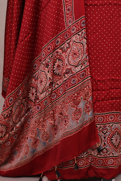 Mirror Work Maroon Ajrakh Handblock Printed Modal Silk 2 Piece Suit Set | Looms & Tassels