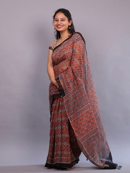 Rust Orange Ajrakh Hand Block Printed Kota Doria Saree | Looms & Tassels