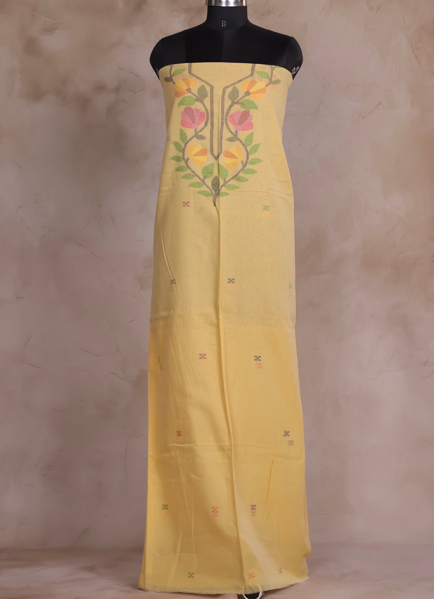 Pastel Yellow Handwoven Jamdhani weaving pure Malai cotton 2 piece suit sets | Looms & Tassels