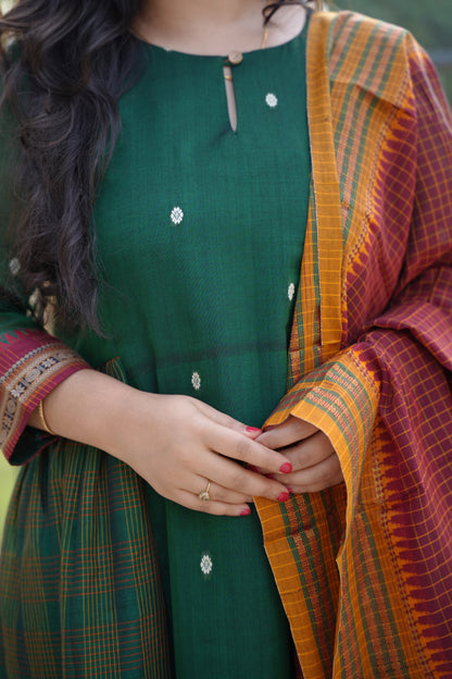 Green Narayanpet Cotton Anarkali Dress with Narayanpet Dupatta | Looms & Tassels