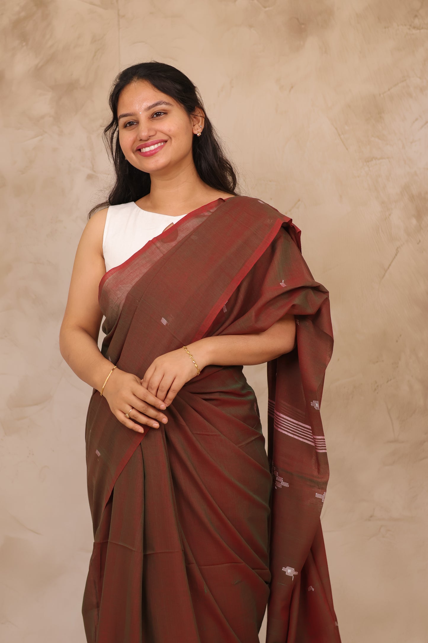 Dual Shade Brown Malai Cotton Saree with Butta Weaving | Looms & Tassels