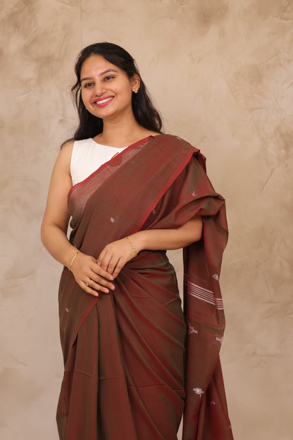 Dual Shade Brown Malai Cotton Saree with Butta Weaving | Looms & Tassels