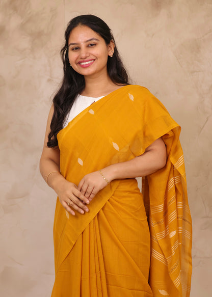 Mustard Malai Cotton Saree with Butta Weaving | Looms & Tassels
