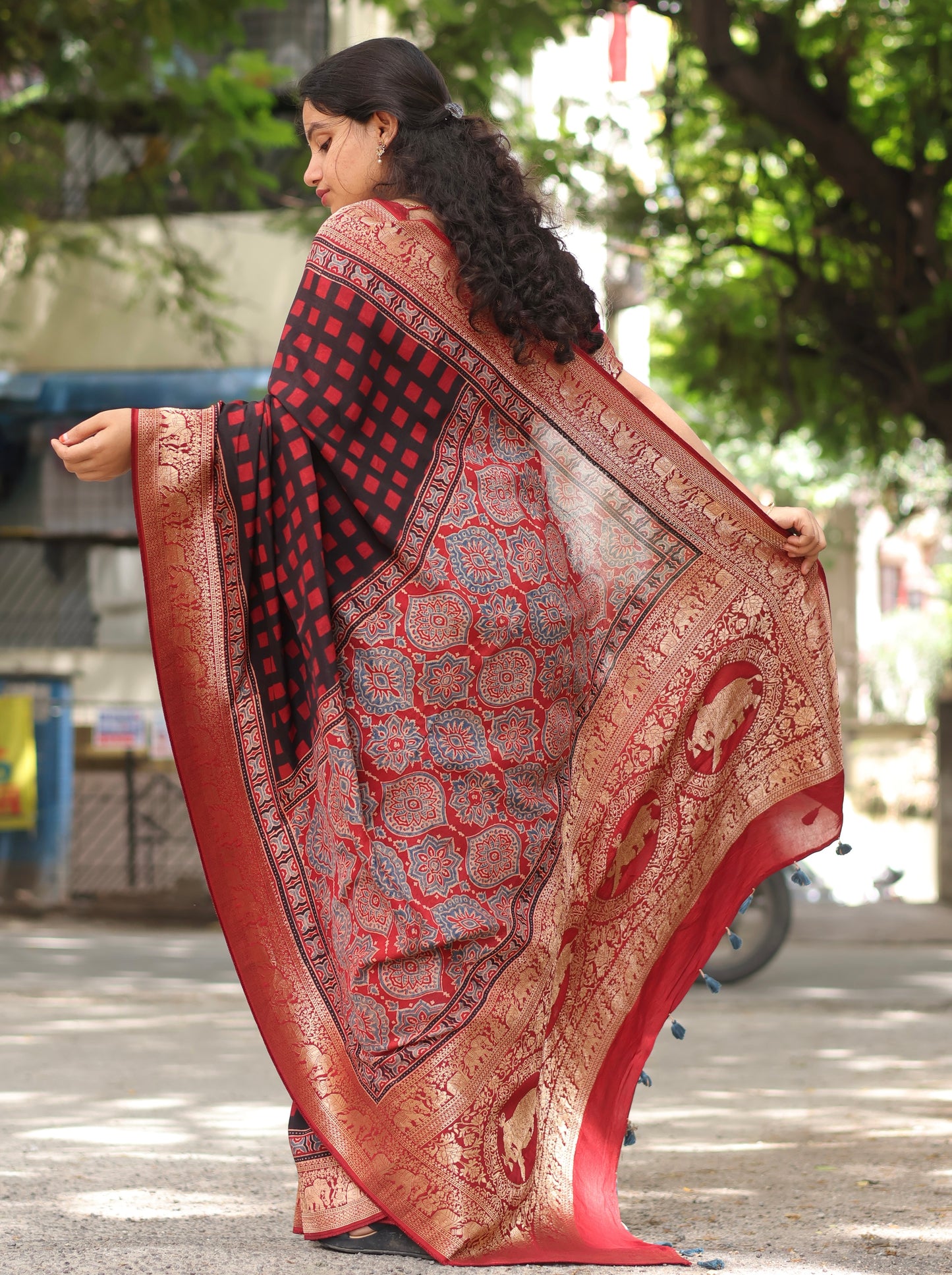 Checks Contemporary Ajrakh Dola Silk Saree