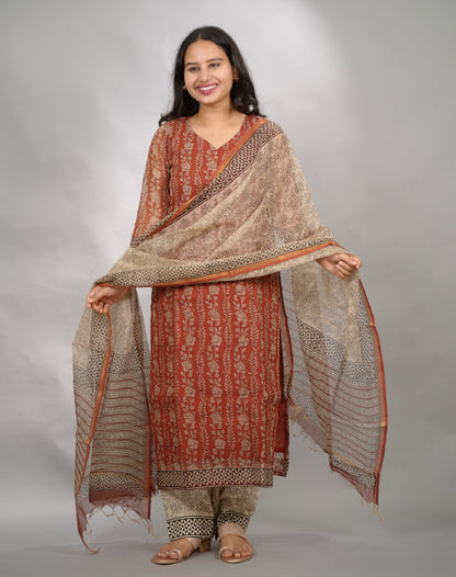 MaroonHandblock printed kota 3 piece suit (stitched)