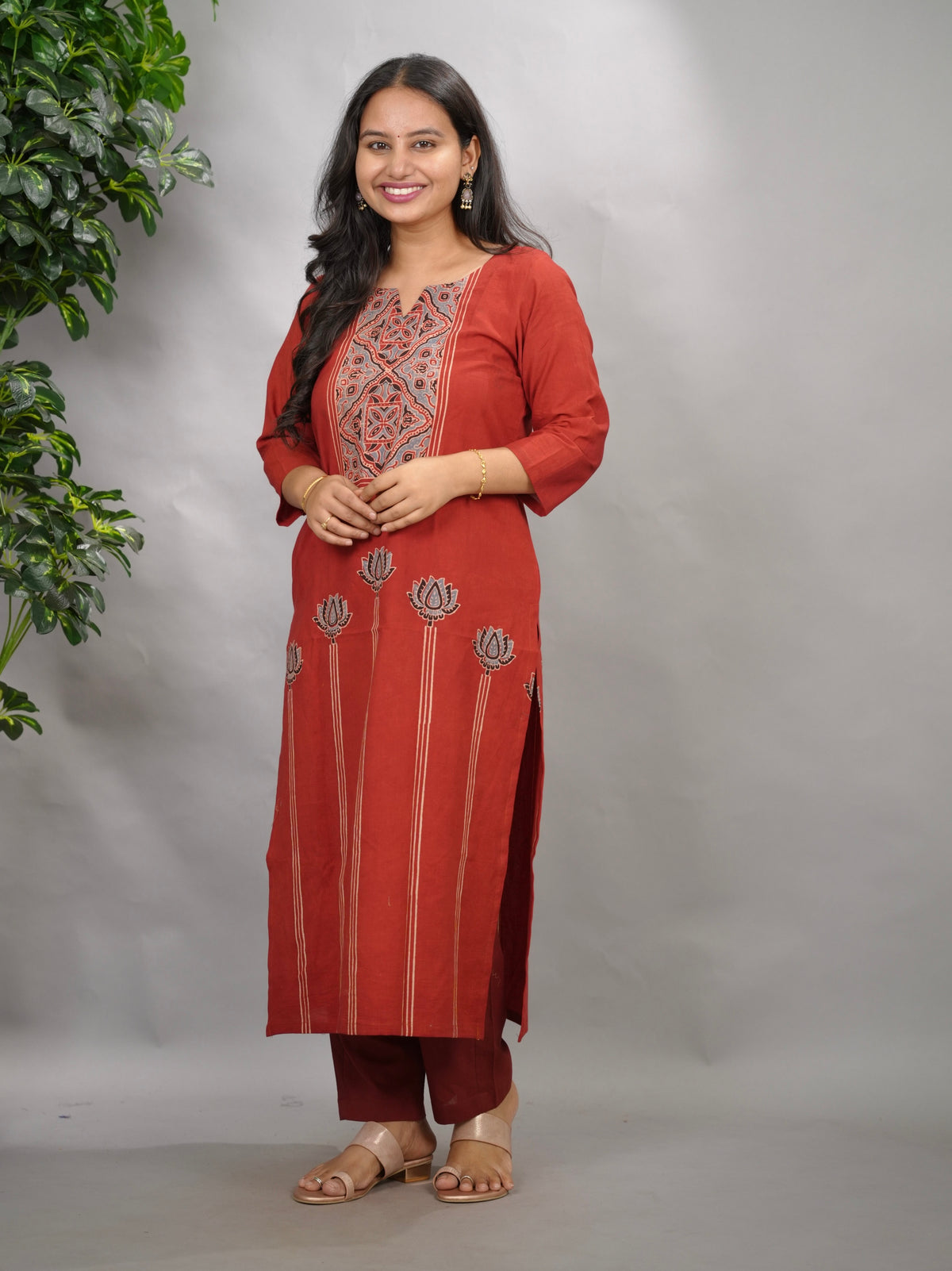 Maroon Ajrakh Pattern Hand Block printed Kurti | Looms & Tassels