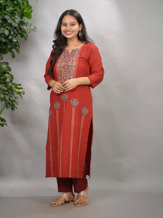 Maroon Ajrakh Pattern Hand Block printed Kurti | Looms & Tassels