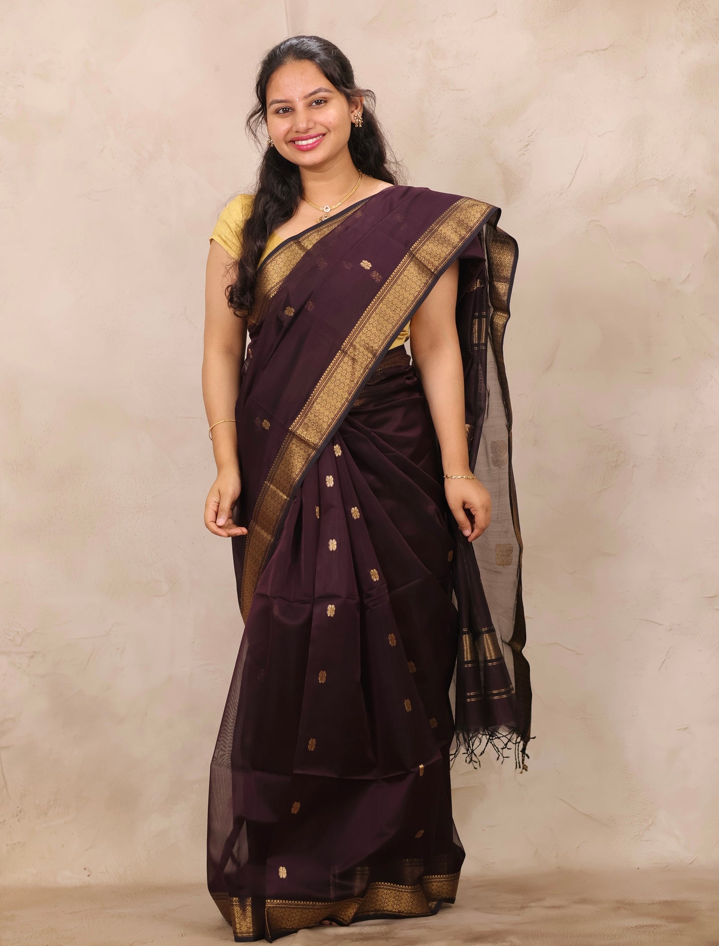 Chocolate Brown Handloom Maheswari Silk Cotton Sarees | Looms & Tassels