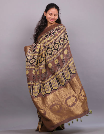 Antique Brown Geometrical Jal pattern Authentic  Ajrakh Hand Block printed Dola Silk Saree | Looms & Tassels
