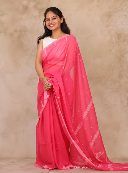 Pink Handwoven Malai Cotton Saree| Looms & Tassels