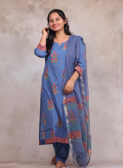 Blue Handblock printed Pure Mul Cotton with Kota Duppata 3 piece suit (stitched)