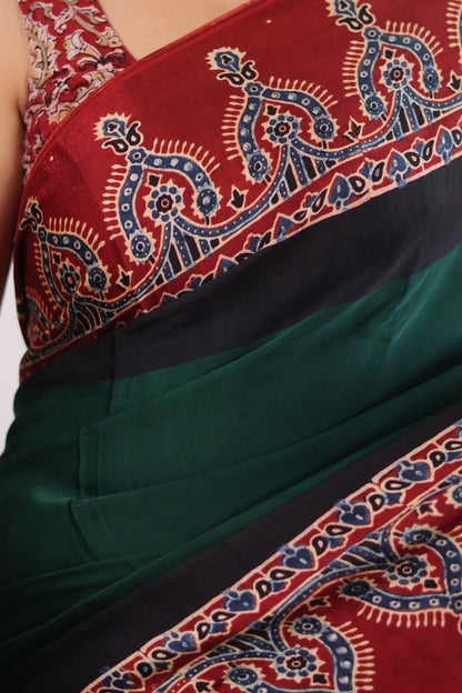 Green Ajrakh Modal Silk Saree