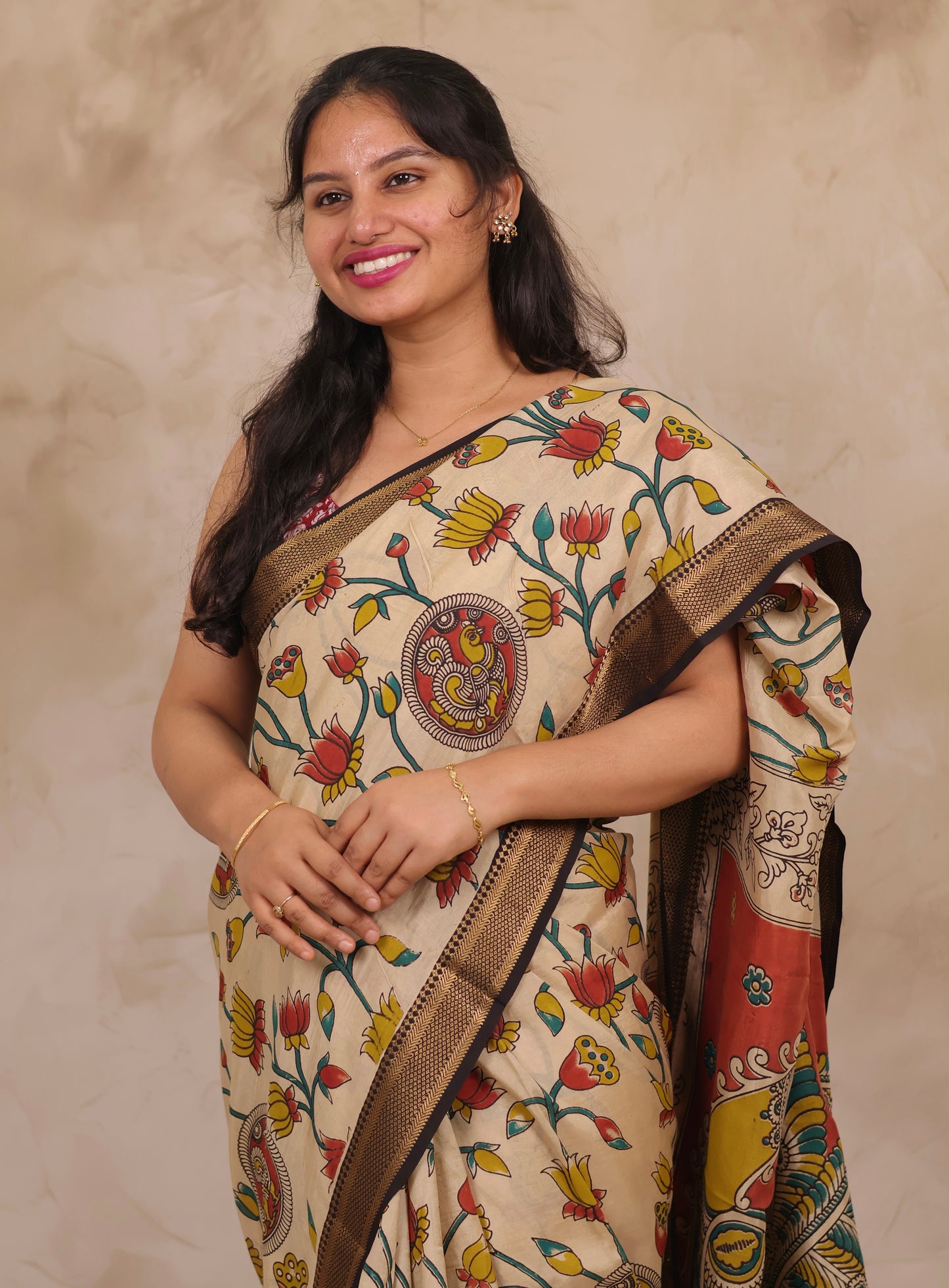 Cream Lotus Kalamkari Nizam Border Chennur Silk Saree | Looms & Tassels